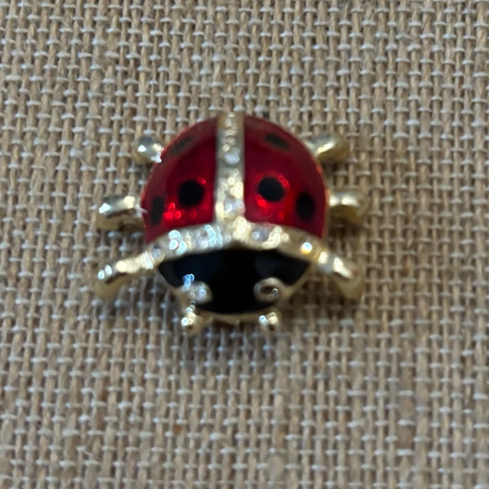 Vintage  Ladybug Red Black Enamel Clear Rhinestone Gold Tone Brooch Pin